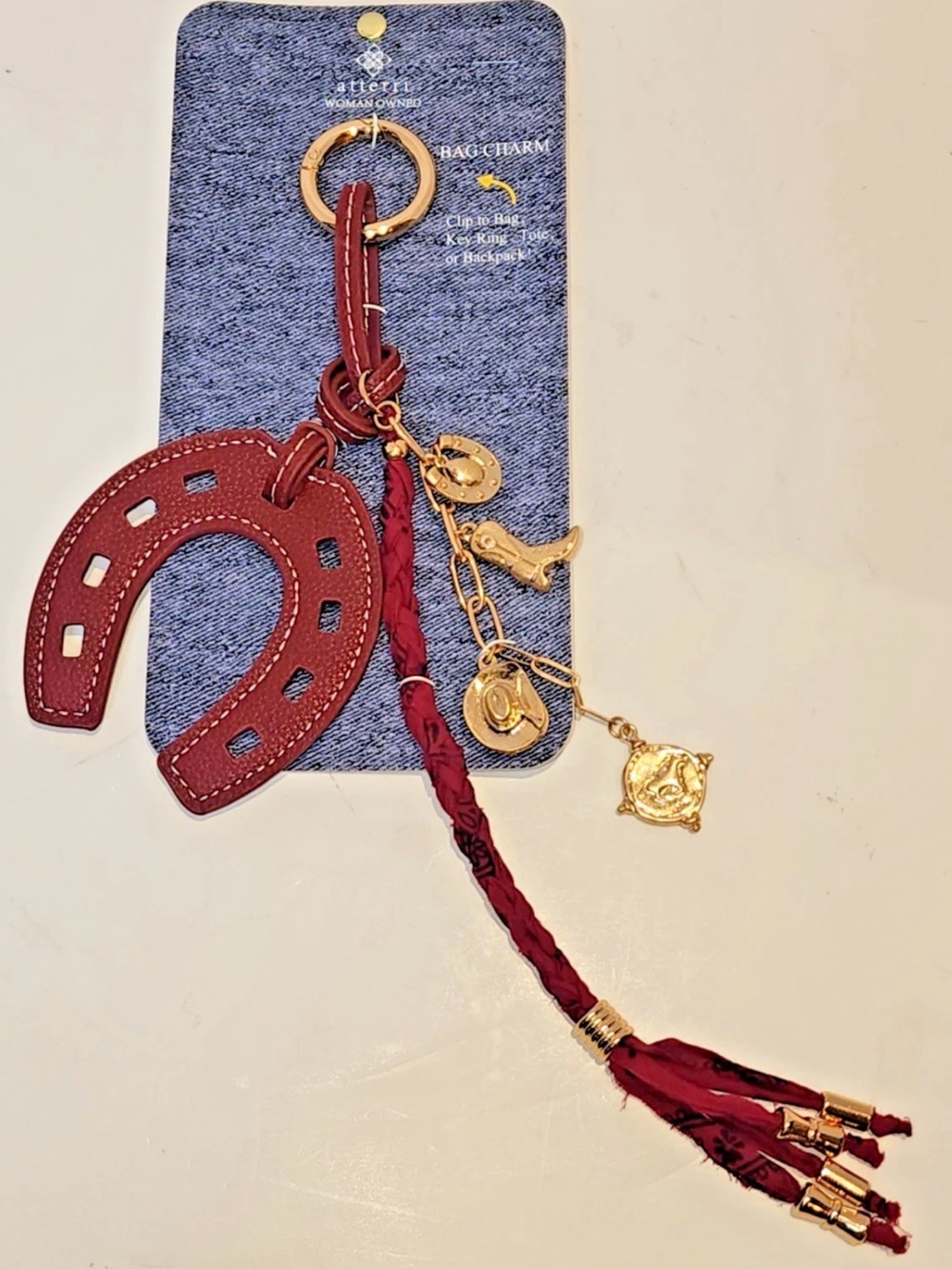 Alterri Genuine Leather Horseshoe Bag Charm With Gold Western Themed Charms NEW